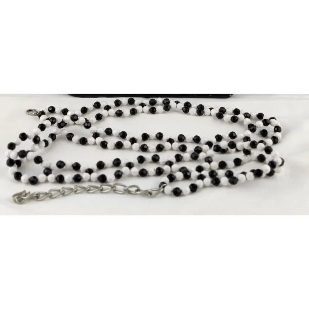 Beaded Belt Black White Beads Silver Extension Chain Boho Cottage Core Necklace